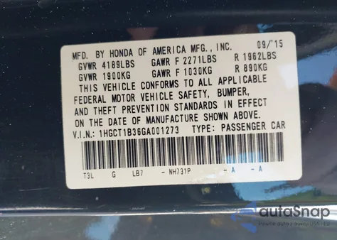 2016 Honda Accord Lx-S z USA, uszkodzony, nr VIN 1HGCT1B36GA001273